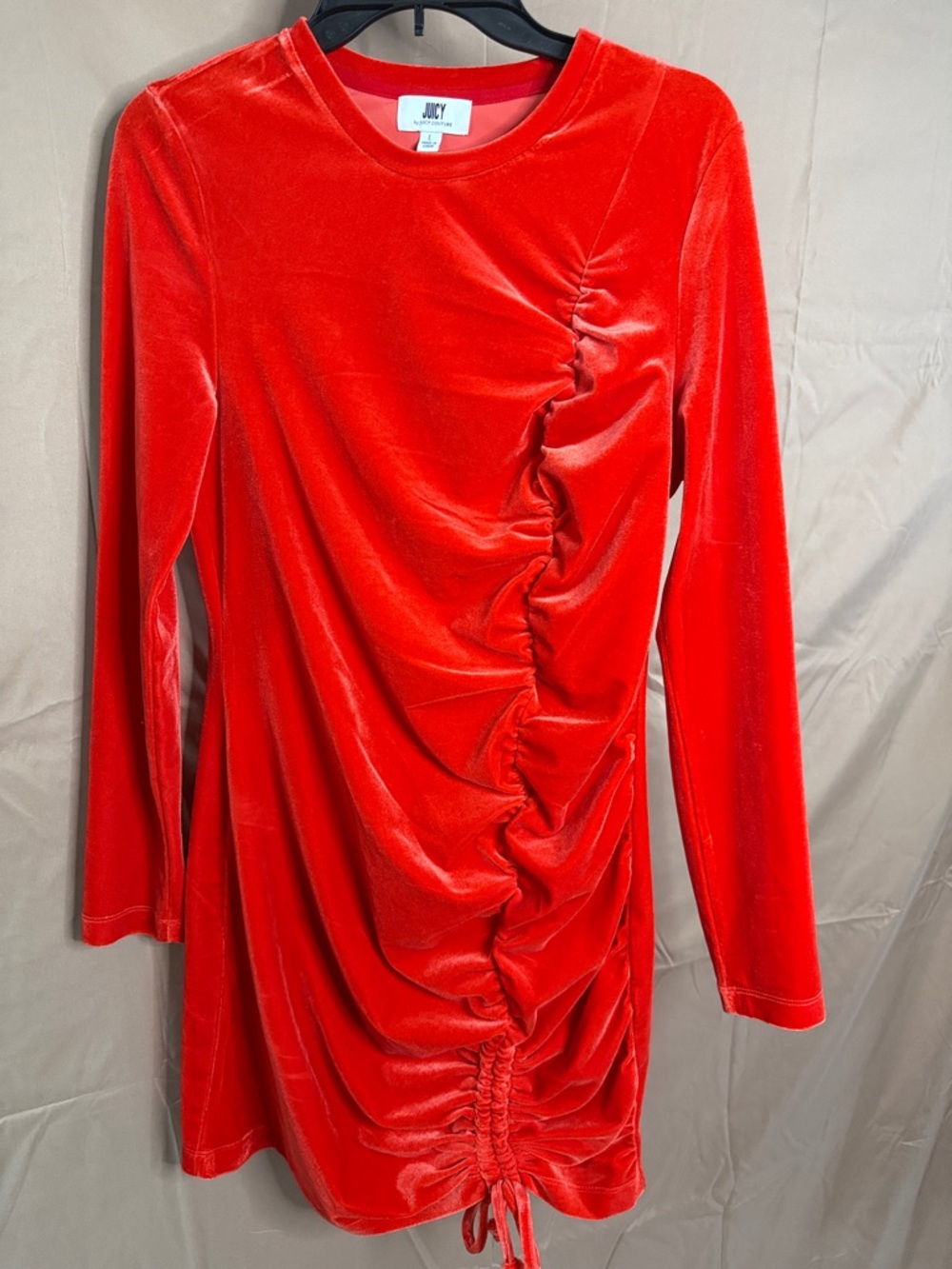 Juicy Couture Vibrant Red Velvet Ruched Long-Sleeve Mini Dress